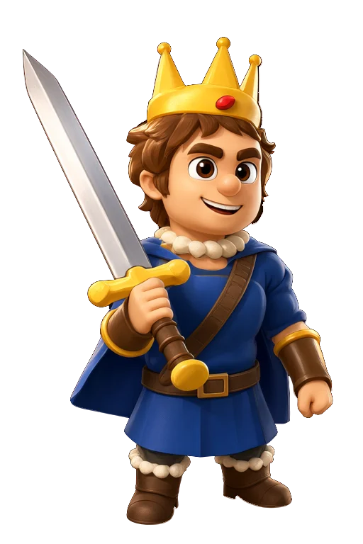 The knight: a crowned young king in a blue tunic and cape, a broadsword over his shoulder.