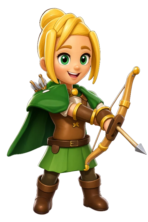 The ranger: a blonde archer in a green cape, drawing her bow.