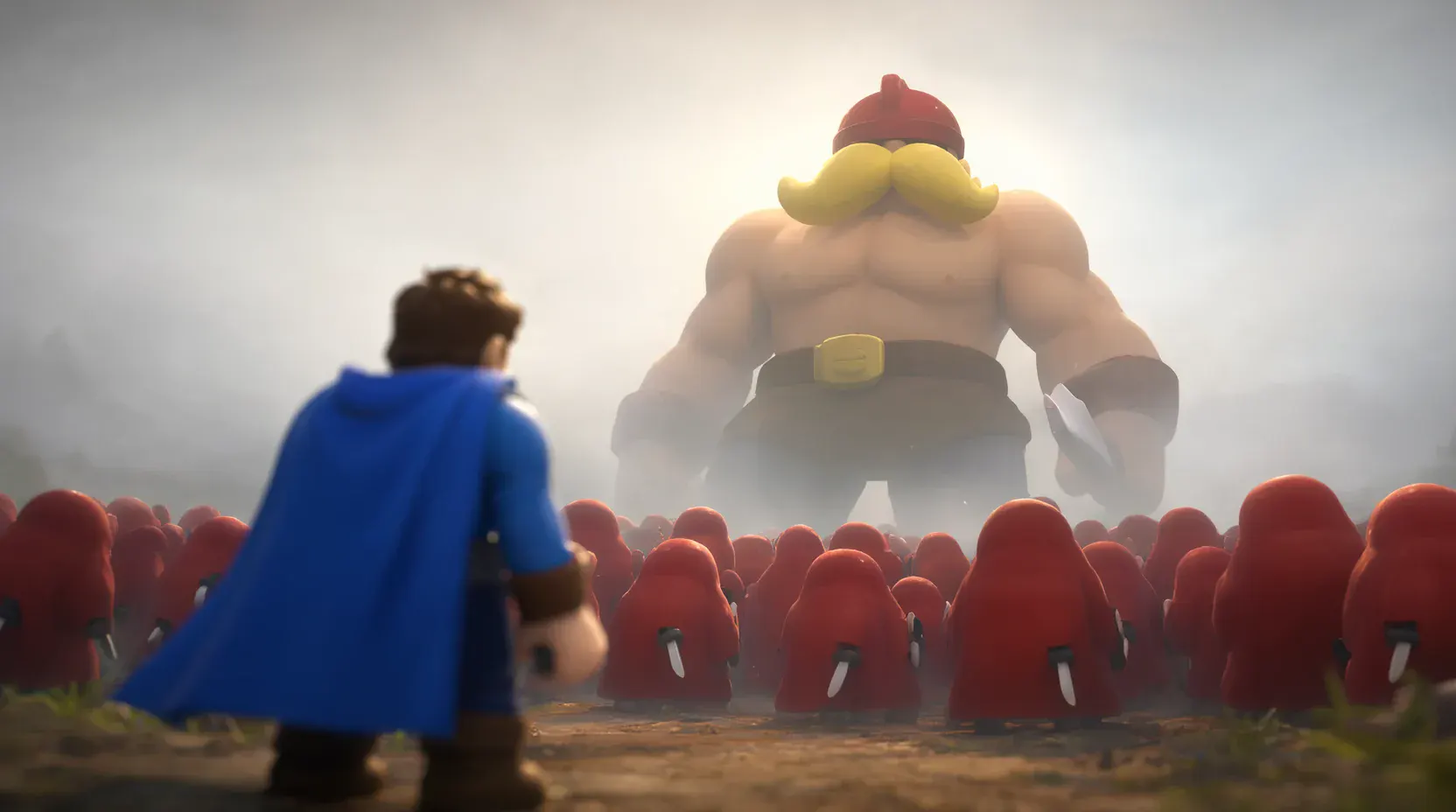 The knight in his blue cape faces a giant warlord and a horde of red-robed raiders in the mist.
