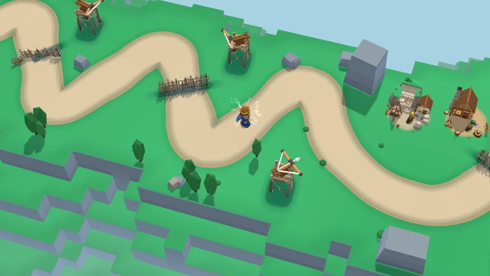 Green Vale: a winding sandy road through green meadows, crossbow towers along it.
